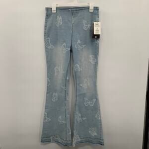 Juniors M 7-9 Pull On Jeans Flare Leg Raw Hem Butterfly Elastic Waist Boho Retro